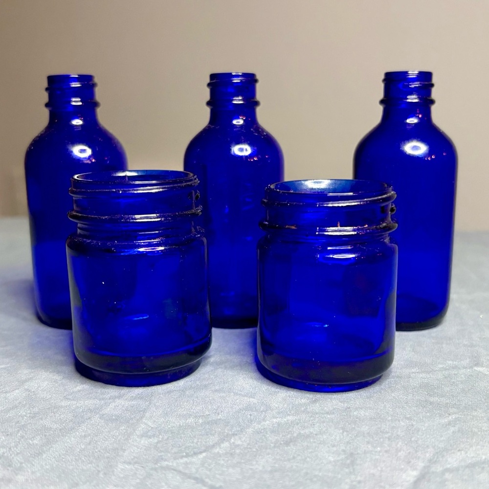 Bromo Seltzer 3 Cobalt Blue Glass Art Bottles and 2 Vicks Bottles